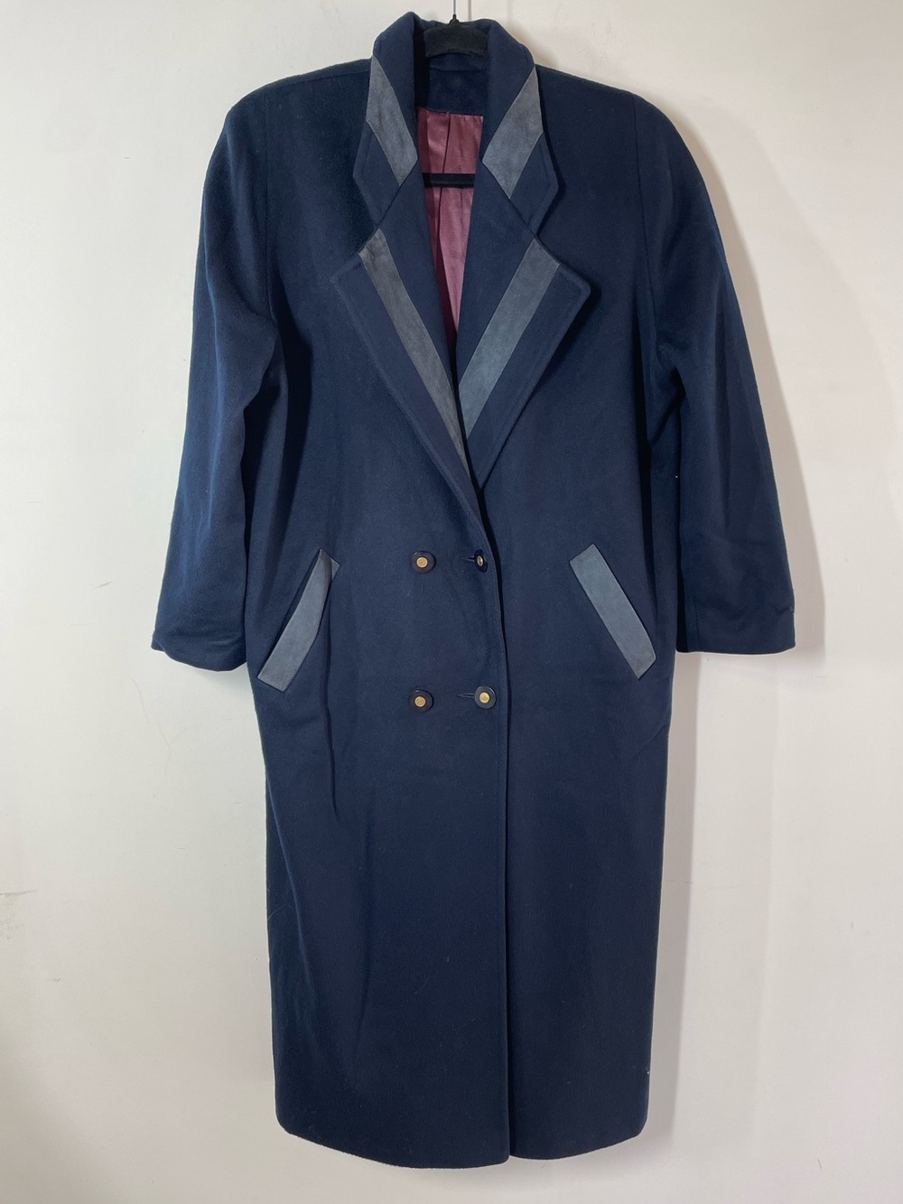VINTAGE Braemar Petites Navy Wool Maxi Coat 7/8 Double Breasted Quiet Luxury